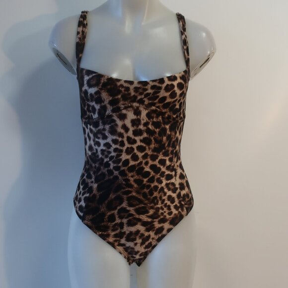 NWT Womens Good American  Fierce Leopard Print Sweetheart Satin Thong Bodysuit S - Picture 7 of 9